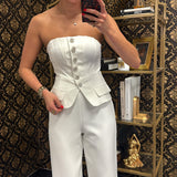 White Embellished Button Jumpsuit