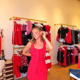 RED NECKLINE BUTTON ROMPER