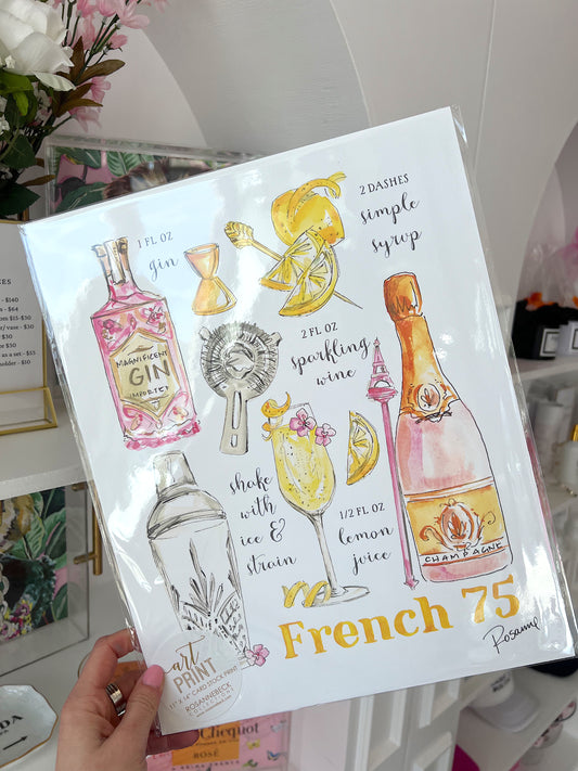 ART PRINT HAND PAINTED FRENCH 75 RECIPE