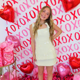 Cream Tweed Square Neck Bow Mini Skirt Set