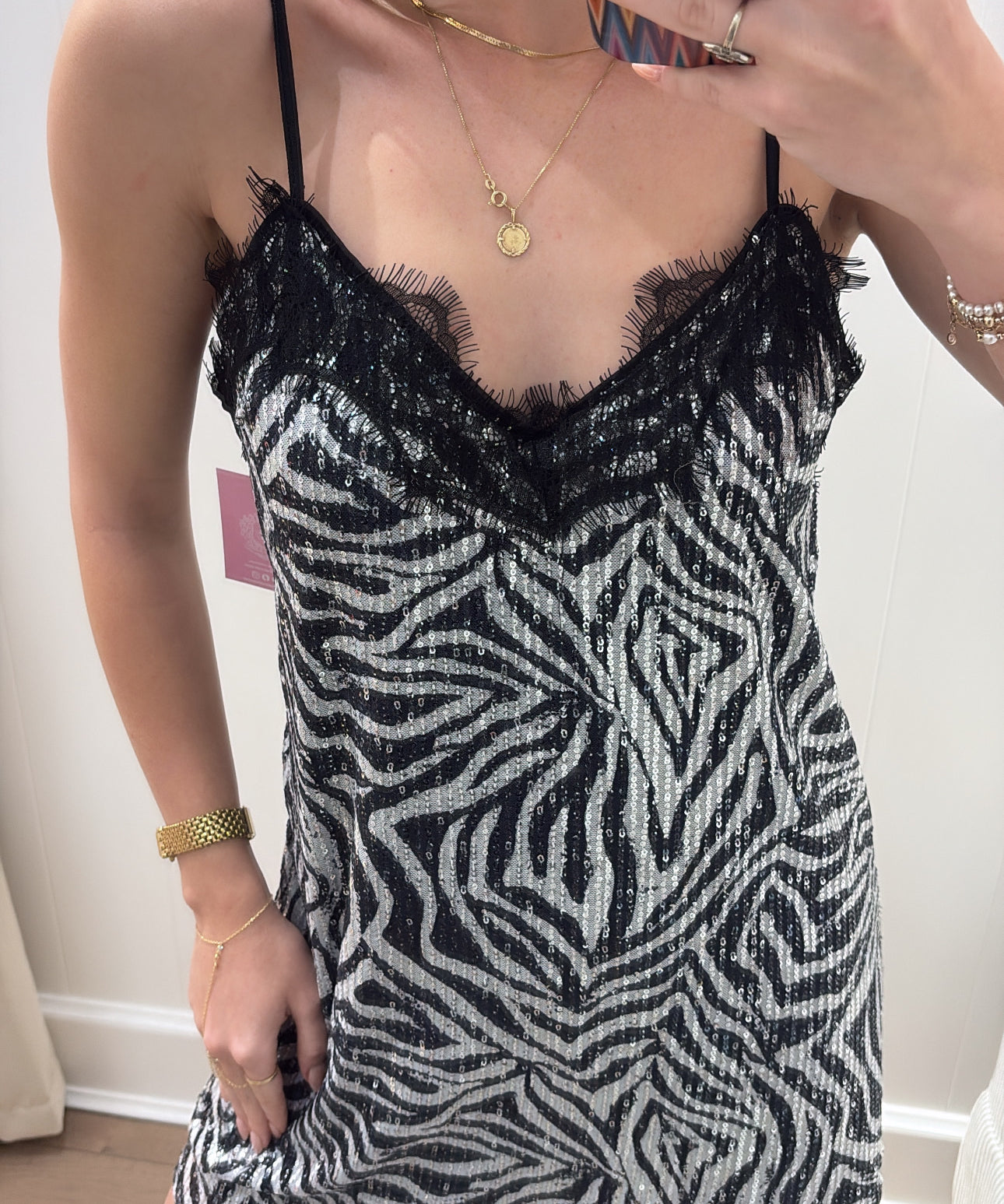 LBK BLACK ZEBRA SEQUIN LACE MINI DRESS