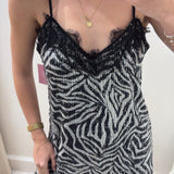 LBK BLACK ZEBRA SEQUIN LACE MINI DRESS