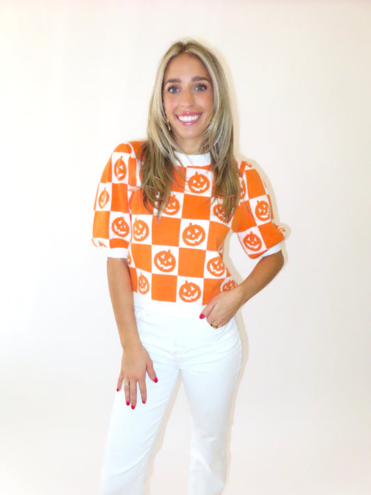 PUMPKIN PUFF SLEEVE CHECKERED TOP