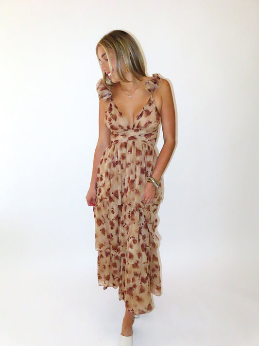 BROWN FLORAL CUTOUT MAXI DRESS