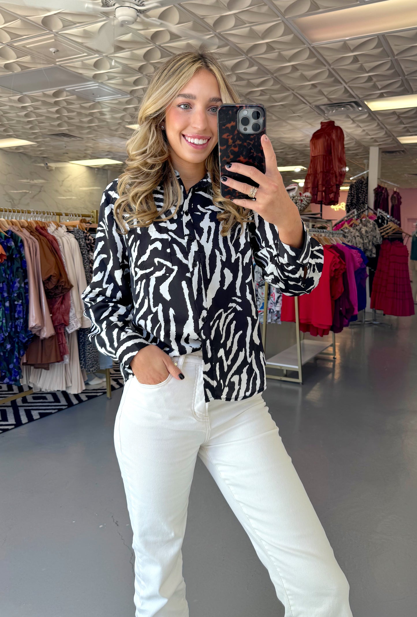 ZEBRA PRINT BUTTON UP BLOUSE