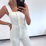 WHITE SQUARE NECK BUTTON JUMPSUIT (size small left)