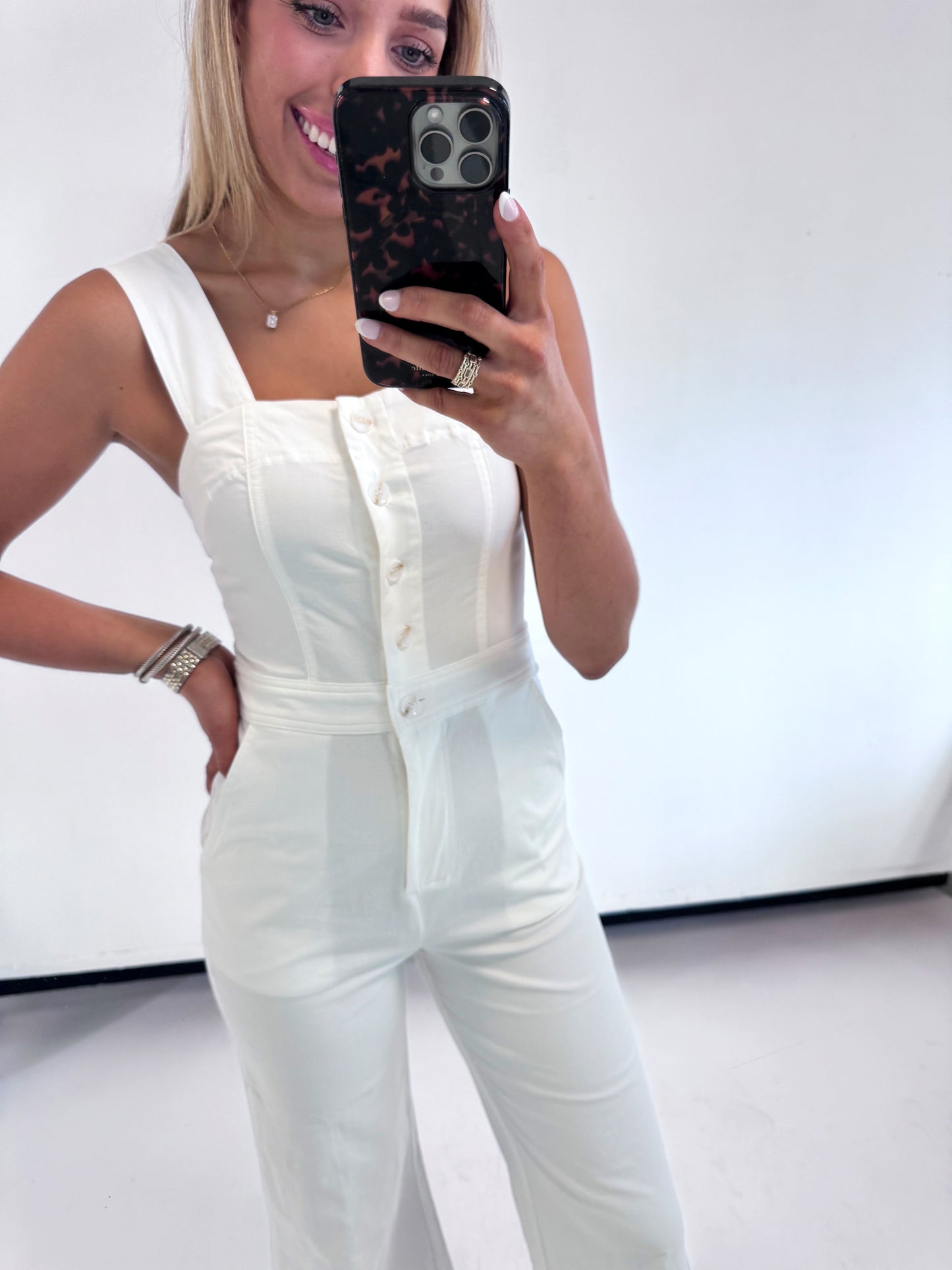 WHITE SQUARE NECK BUTTON JUMPSUIT