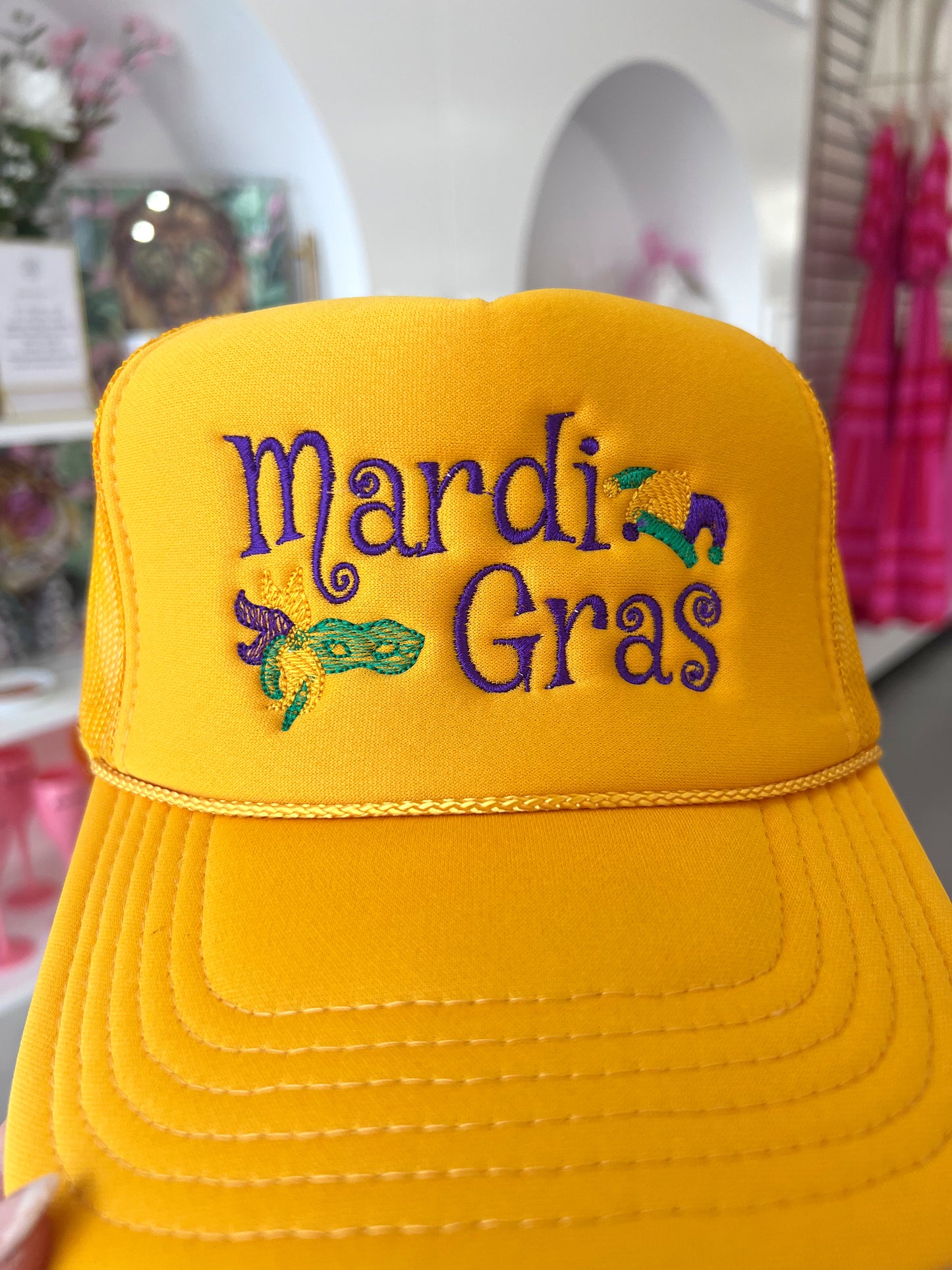 MARDI GRAS YELLOW TRUCKER HAT