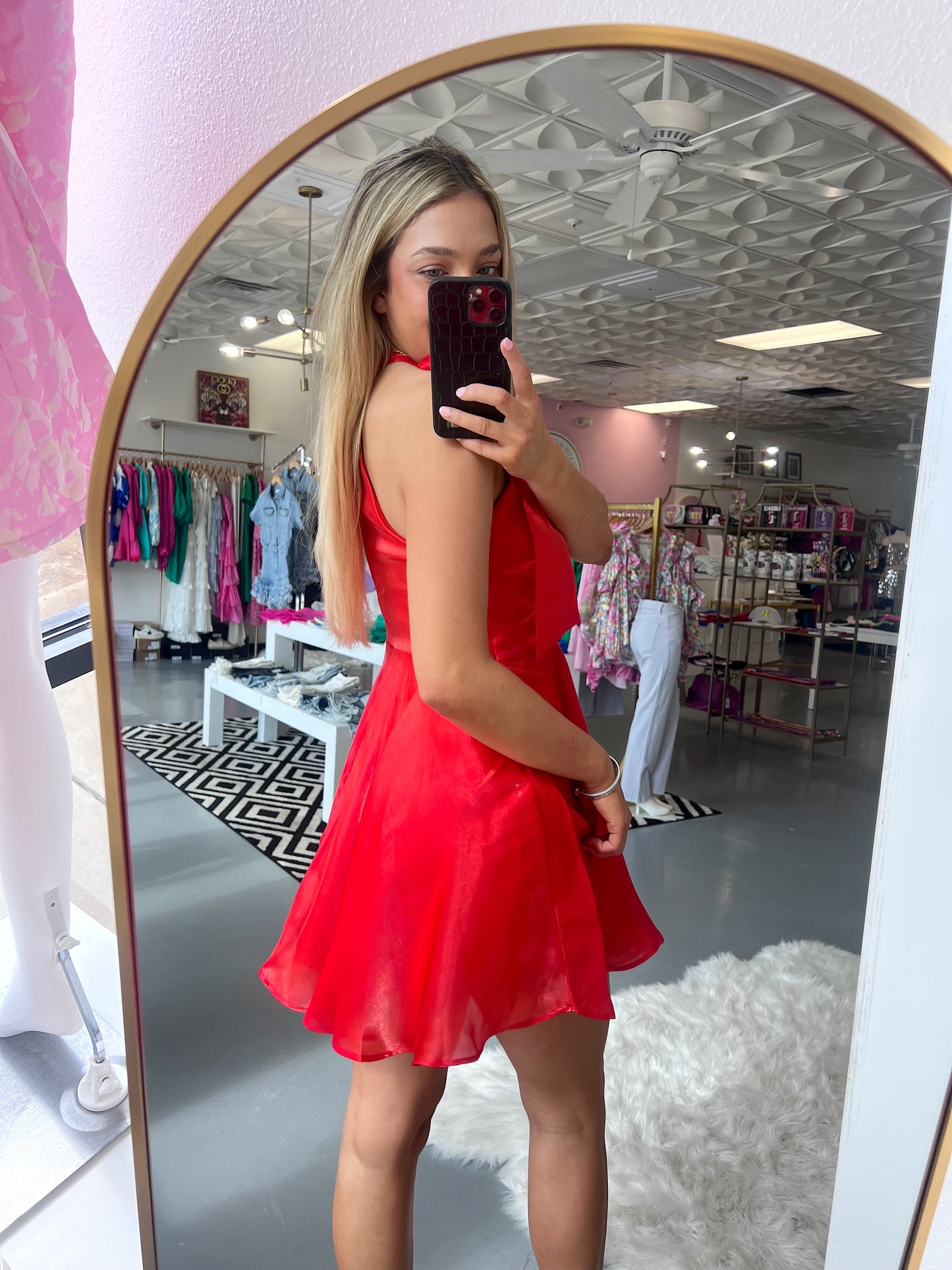 RED HALTER SHINY DRESS