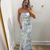 BLUE FLORAL SATIN STRAPLESS MAXI DRESS