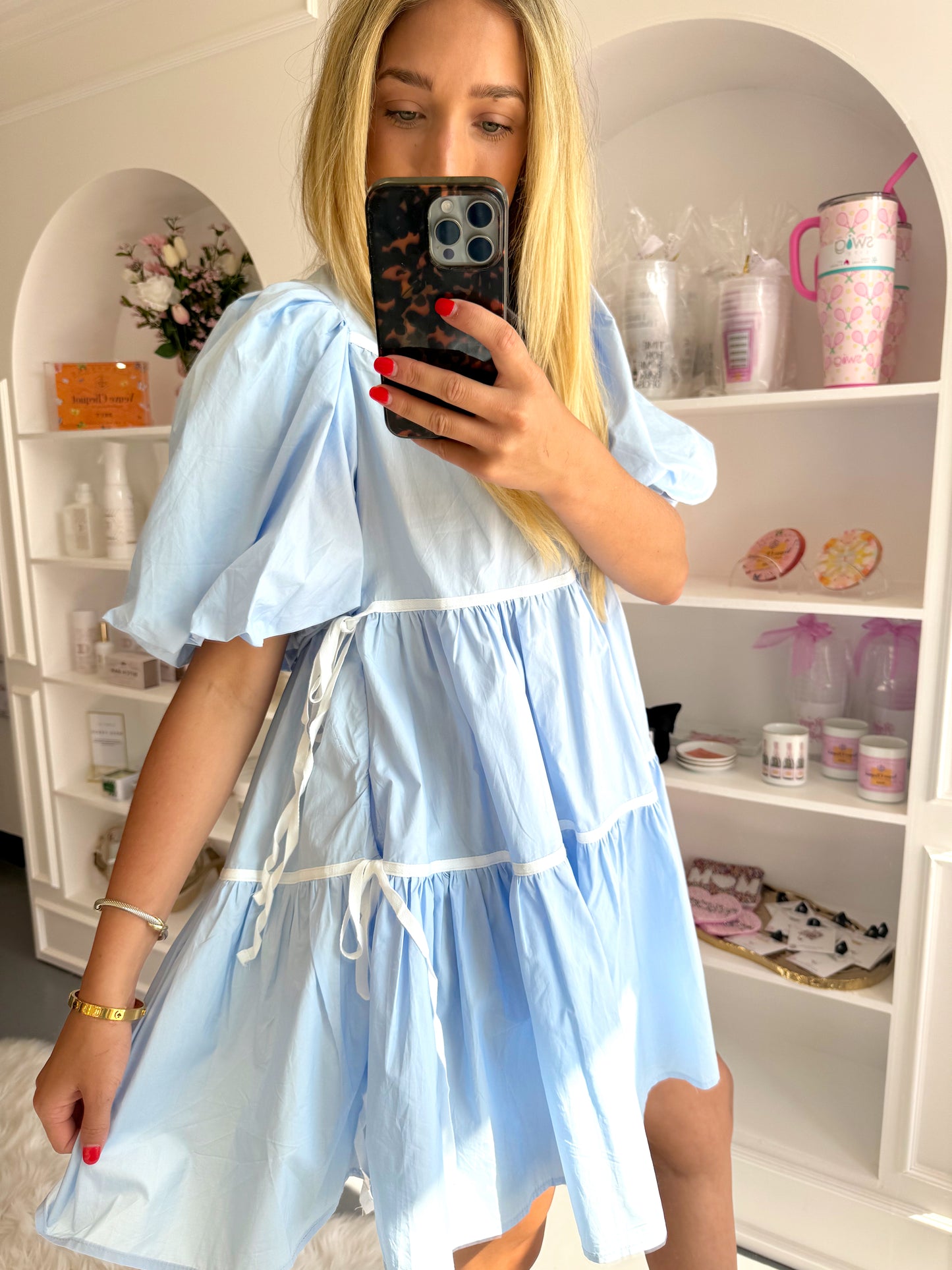 BABY BLUE BOW POPLIN TIERED DRESS WITH POCKETS