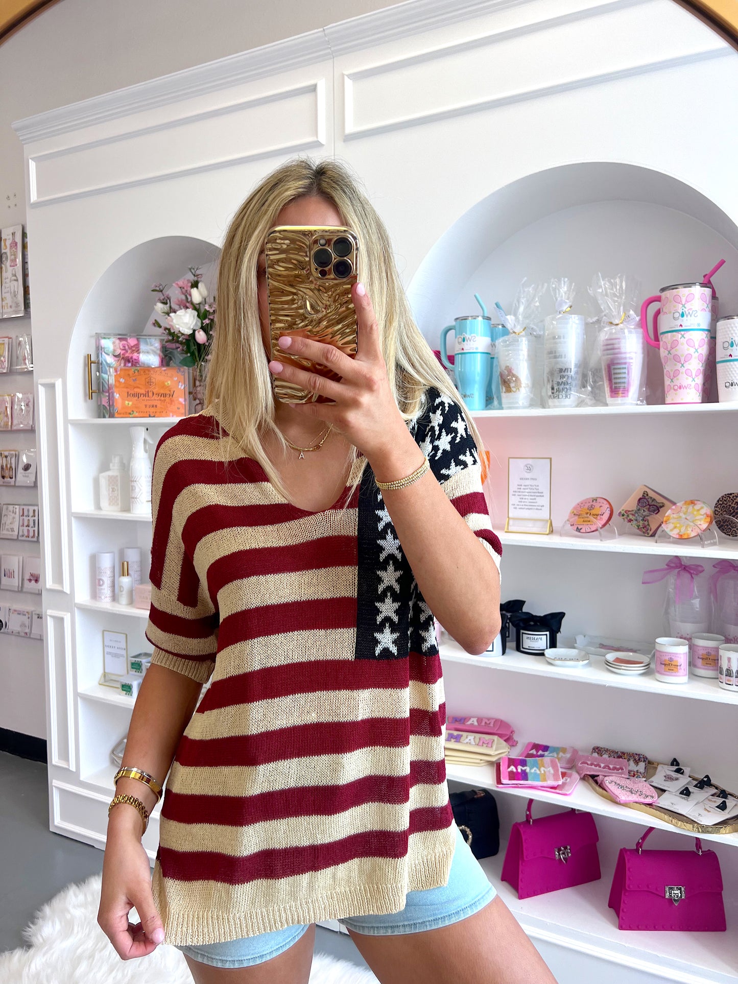 CREAM AMERICAN FLAG V NECK TOP - XL left