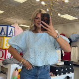 BABY BLUE EYELET BUBBLE BLOUSE