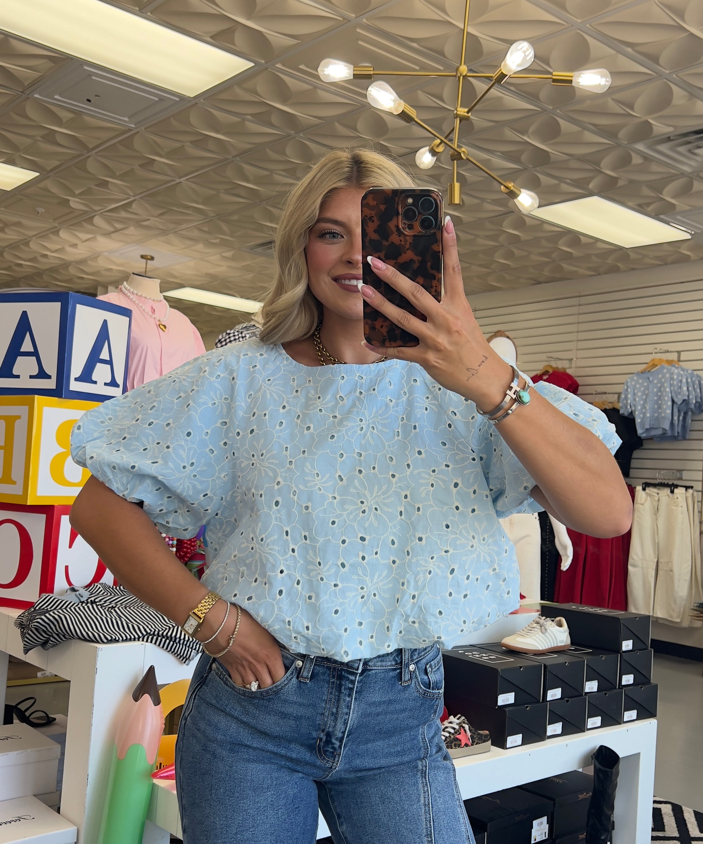 BABY BLUE EYELET BUBBLE BLOUSE