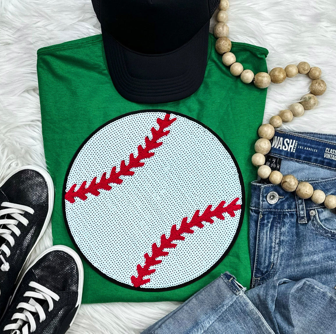 GREEN SEQUIN BASEBALL TEE