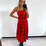 RED/ BLACK RUFFLED TIERED DRESS