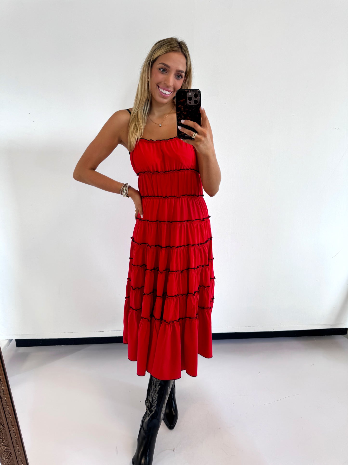 RED/ BLACK RUFFLED TIERED DRESS