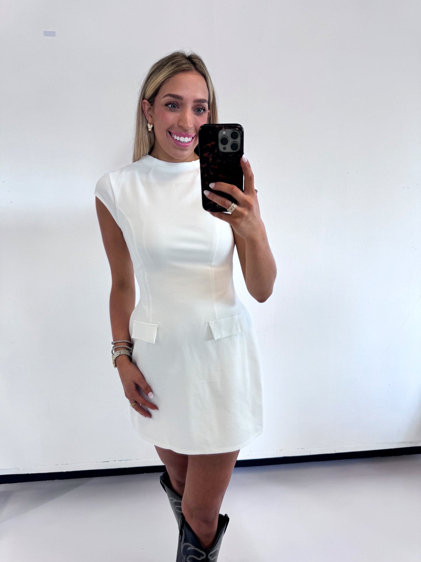 WHITE MINI FLARE DRESS