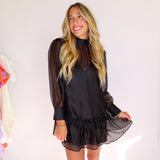BLACK CHIFFON SHEER BOW TIE MINI DRESS