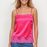 Square Neck Lace Trim Satin Cami: Black / M