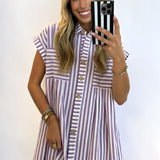 PURPLE STRIPED BUTTON DOWN DRESS