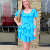 BLUE RUFFLE TIE DRESS