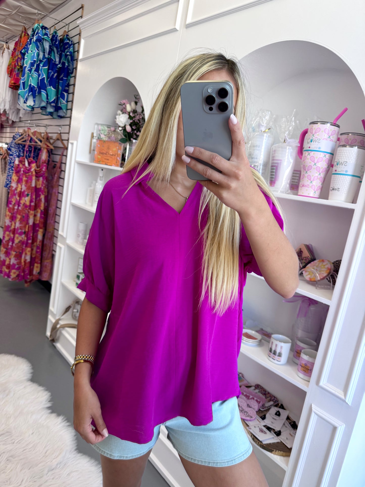 MAGENTA COLORED CUFFED BLOUSE