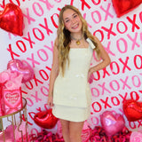 Cream Tweed Square Neck Bow Mini Skirt Set