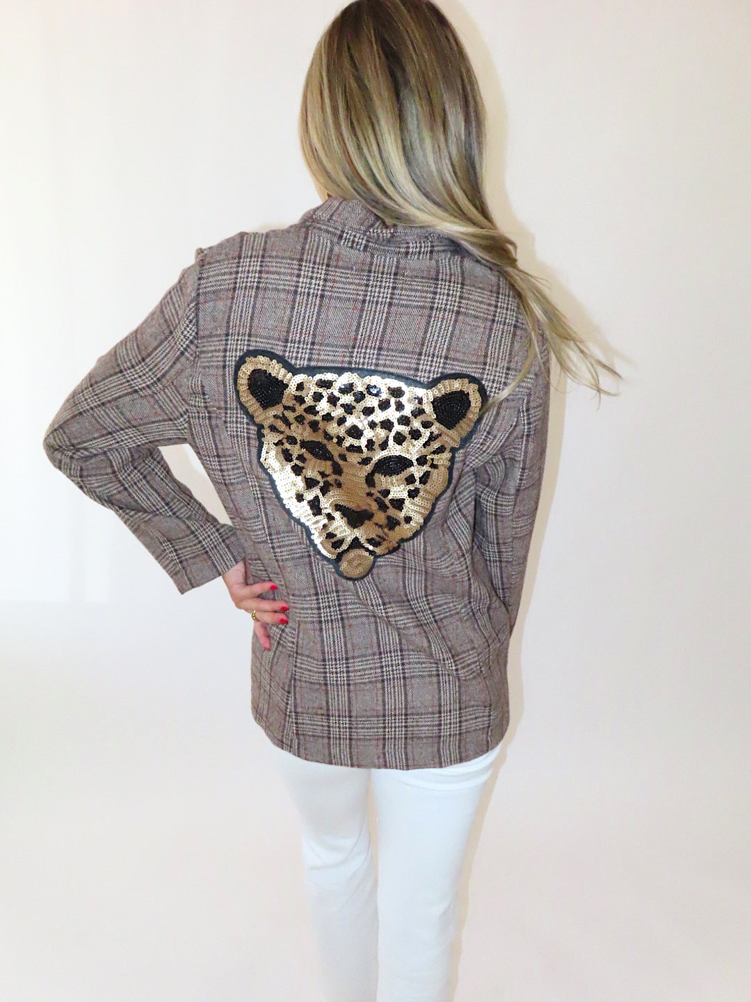 BROWN PLAID SEQUIN CHEETA BLAZER (large / XL left)