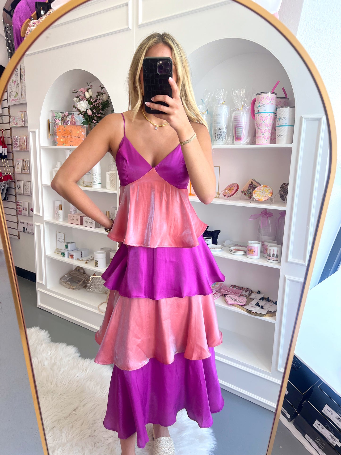 SHINY PINK COLOR BLOCK TIERED MAXI DRESS