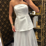 Ivory Peplum Layered Tulle Maxi Dress