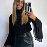 BLACK FLOUNCE RUFFLED CHIFFON BLOUSE