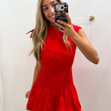 LBK RED NECKLINE SMOCKED DRESS