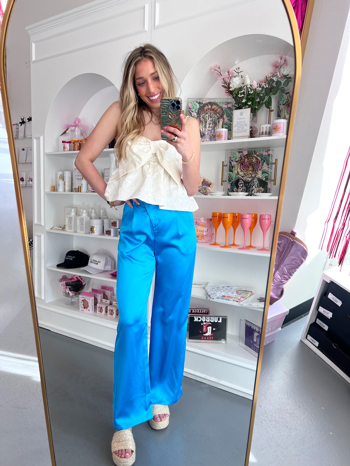 Blue Satin Wide Flow Pants