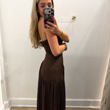 LBK BROWN ASYMMETRIC STRAPLESS PLEATED MAXI DRESS