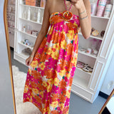 PINK FLORAL HALTER MAXI DRESS (size large left)