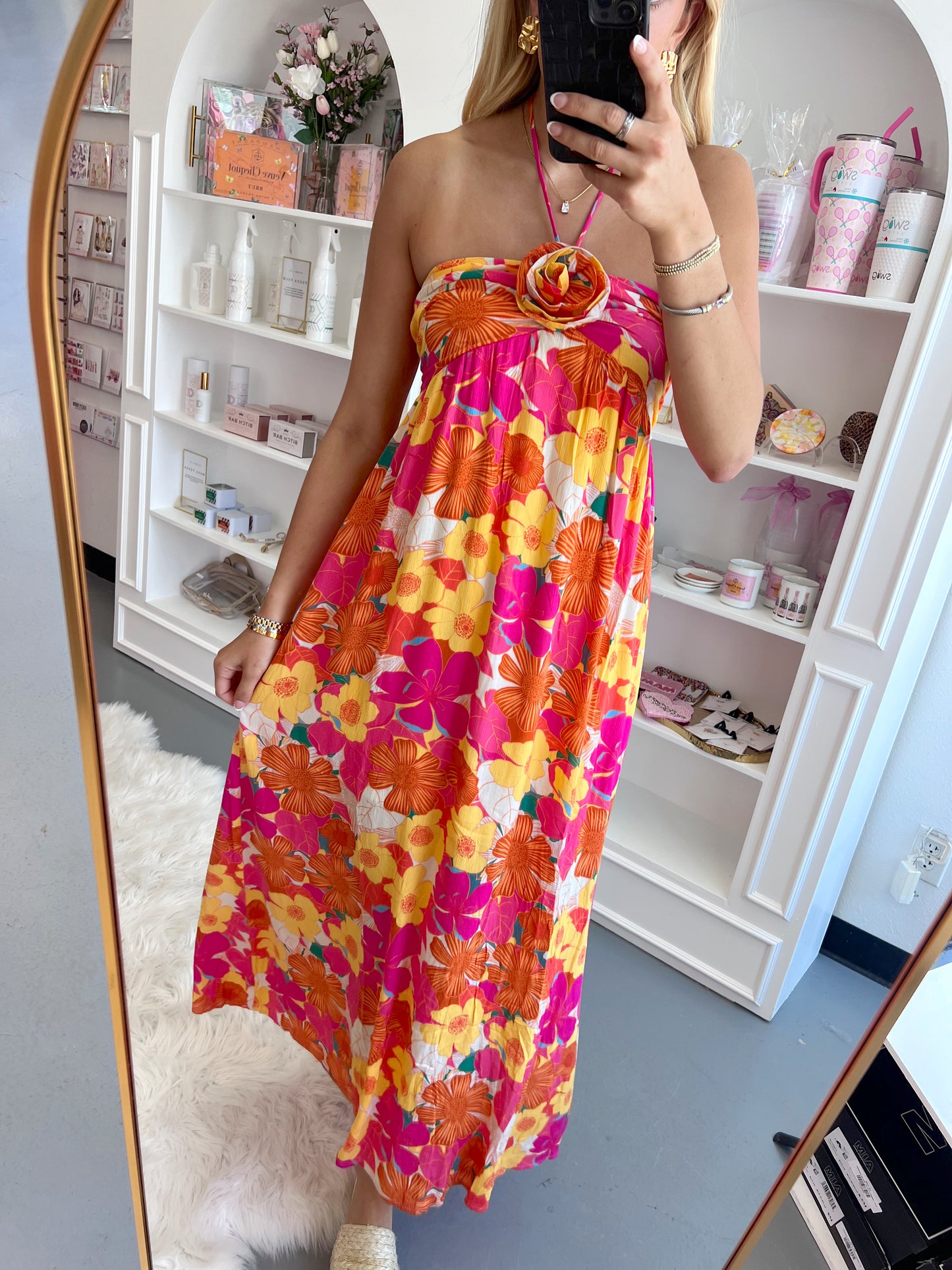 PINK FLORAL HALTER MAXI DRESS