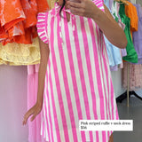 PINK STRIPED RUFFLE V NECK DRESS