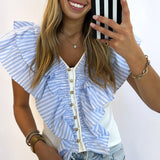 WHITE KNIT RUFFLE STRIPED TOP