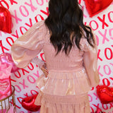 ROSE SHEEN SMOCKED LONG SLEEVE MINI DRESS