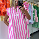 PINK STRIPED RUFFLE V NECK DRESS