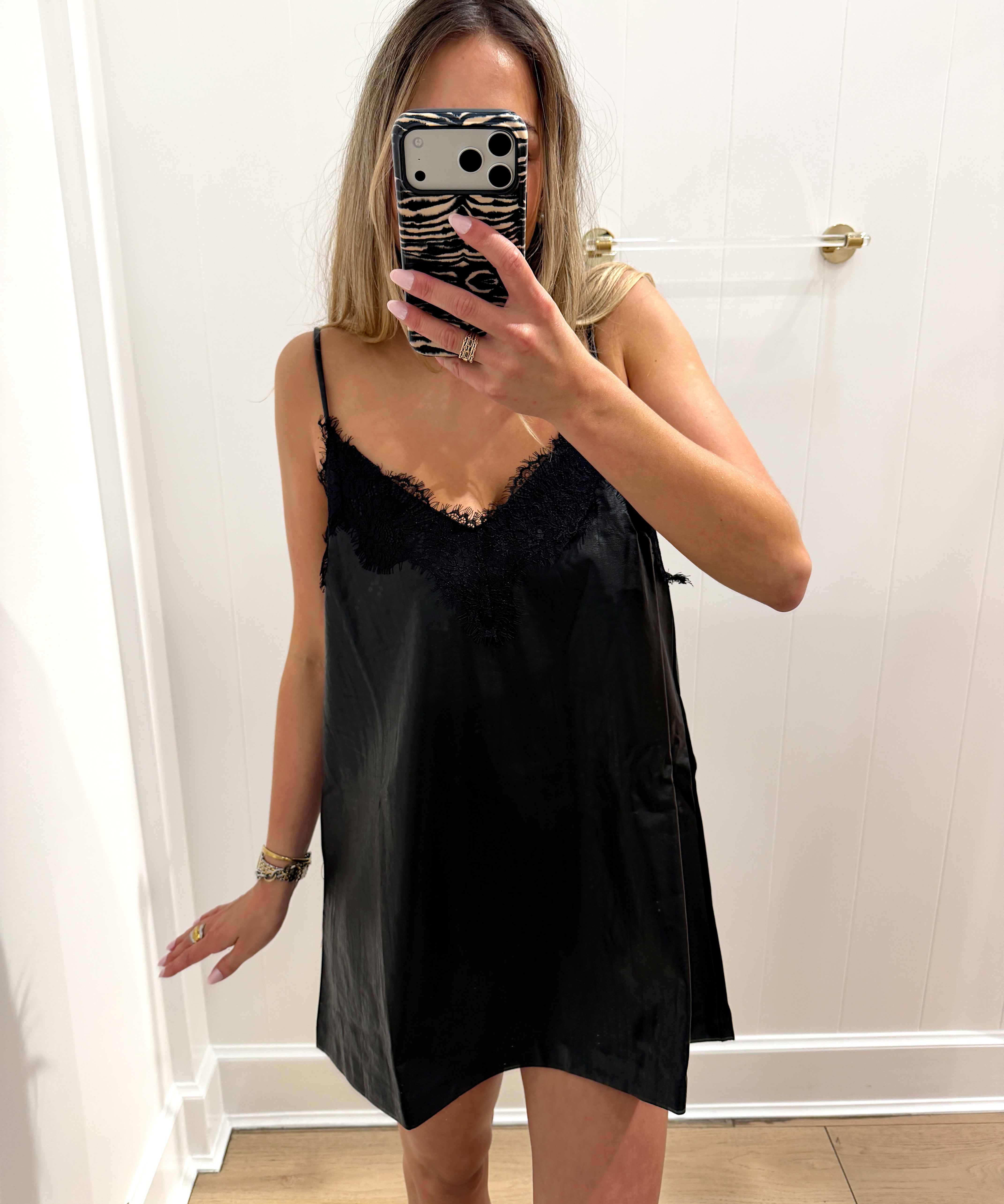LBK BLACK LEATHER LACE MINI DRESS
