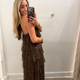 BROWN LACE TIERED HALTER MAXI DRESS