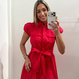 RED PUFF SLEEVE TIE BOW DRESS