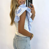 WHITE KNIT RUFFLE STRIPED TOP