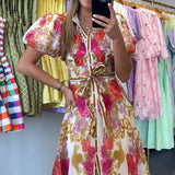 Ivory Floral Tie Midi Dress