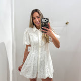 WHITE EYELET COLLARED BUTTON DRESS