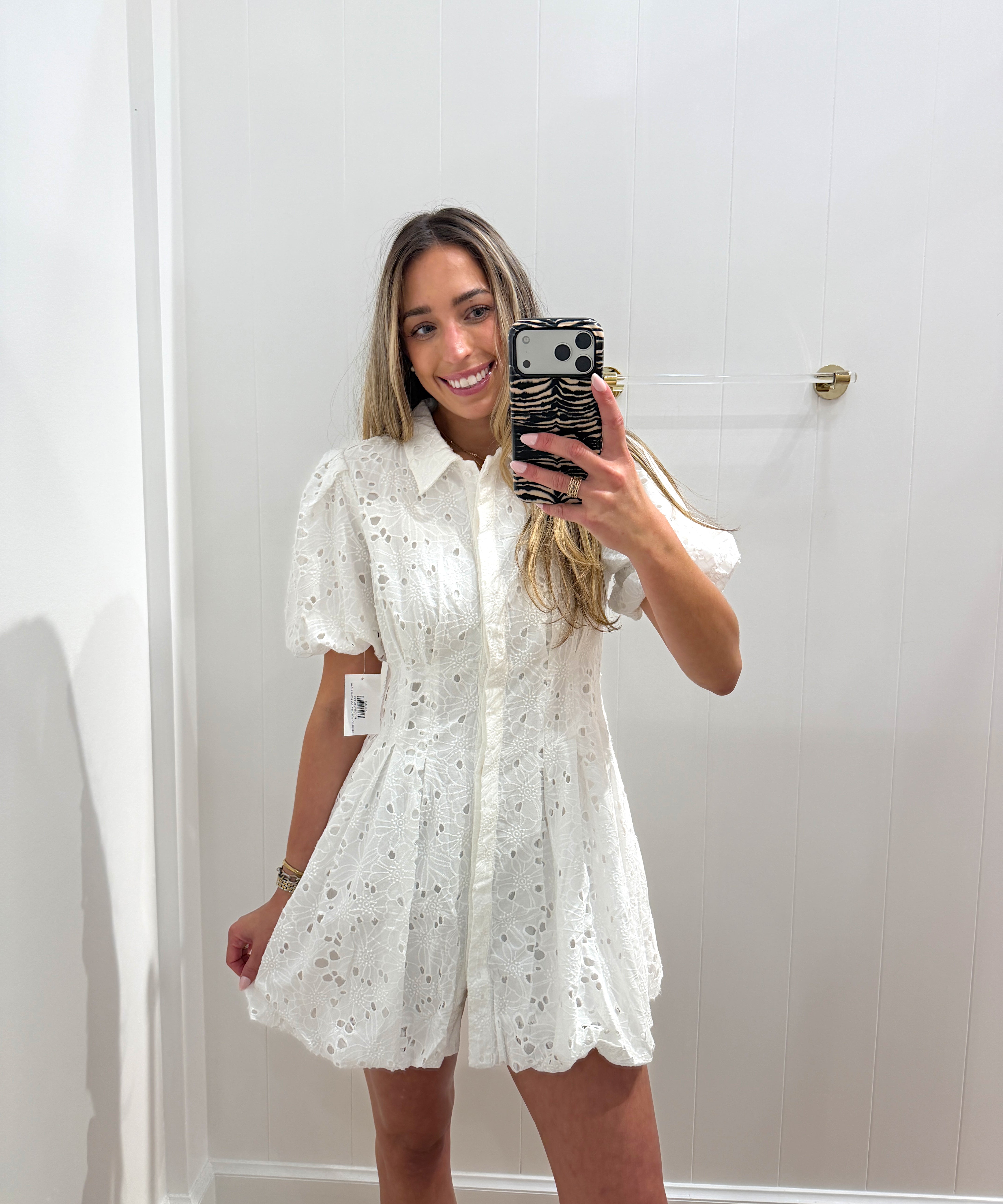 WHITE EYELET COLLARED BUTTON DRESS