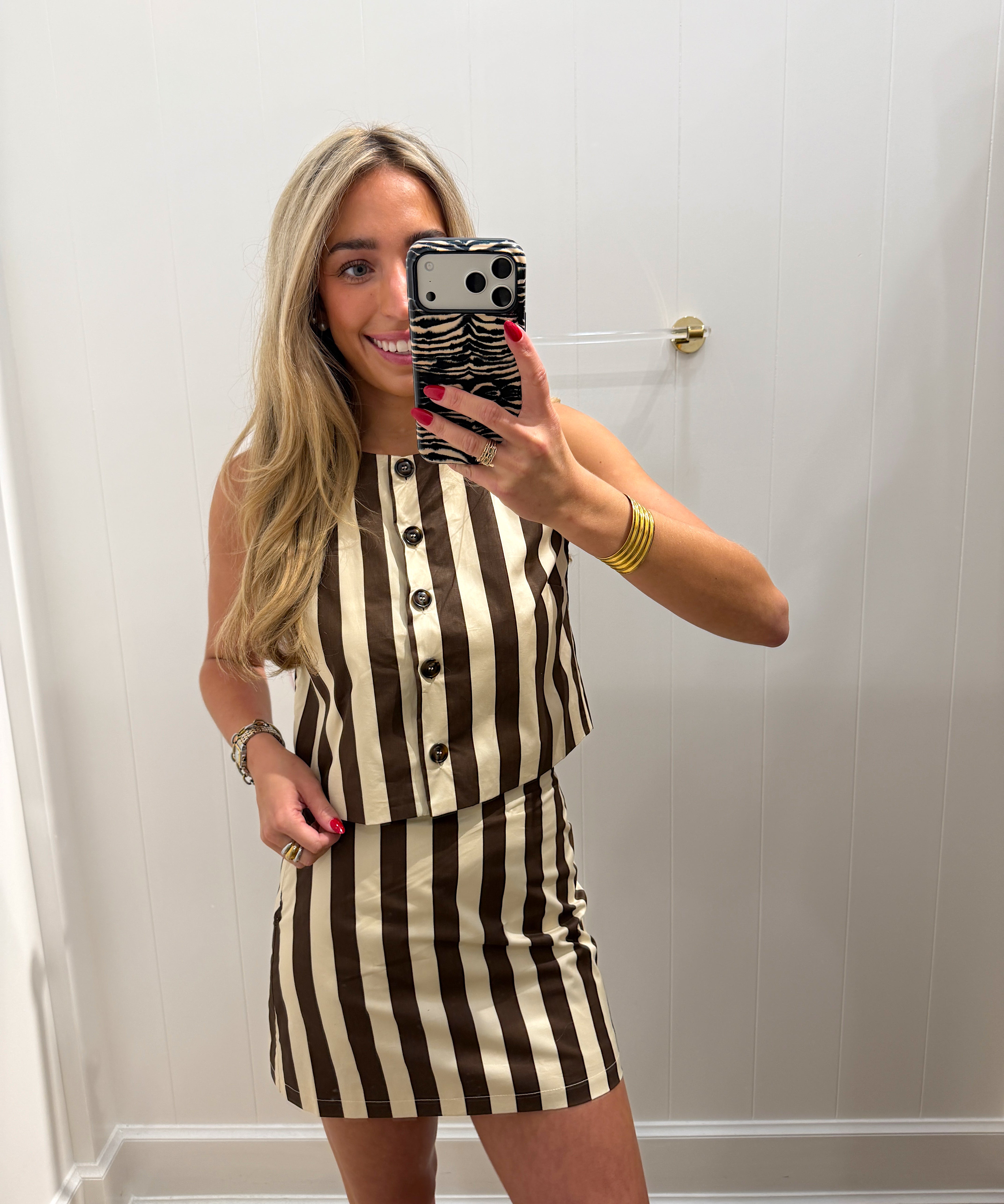 LBK BROWN STRIPED POPLIN TOP & SKIRT SET