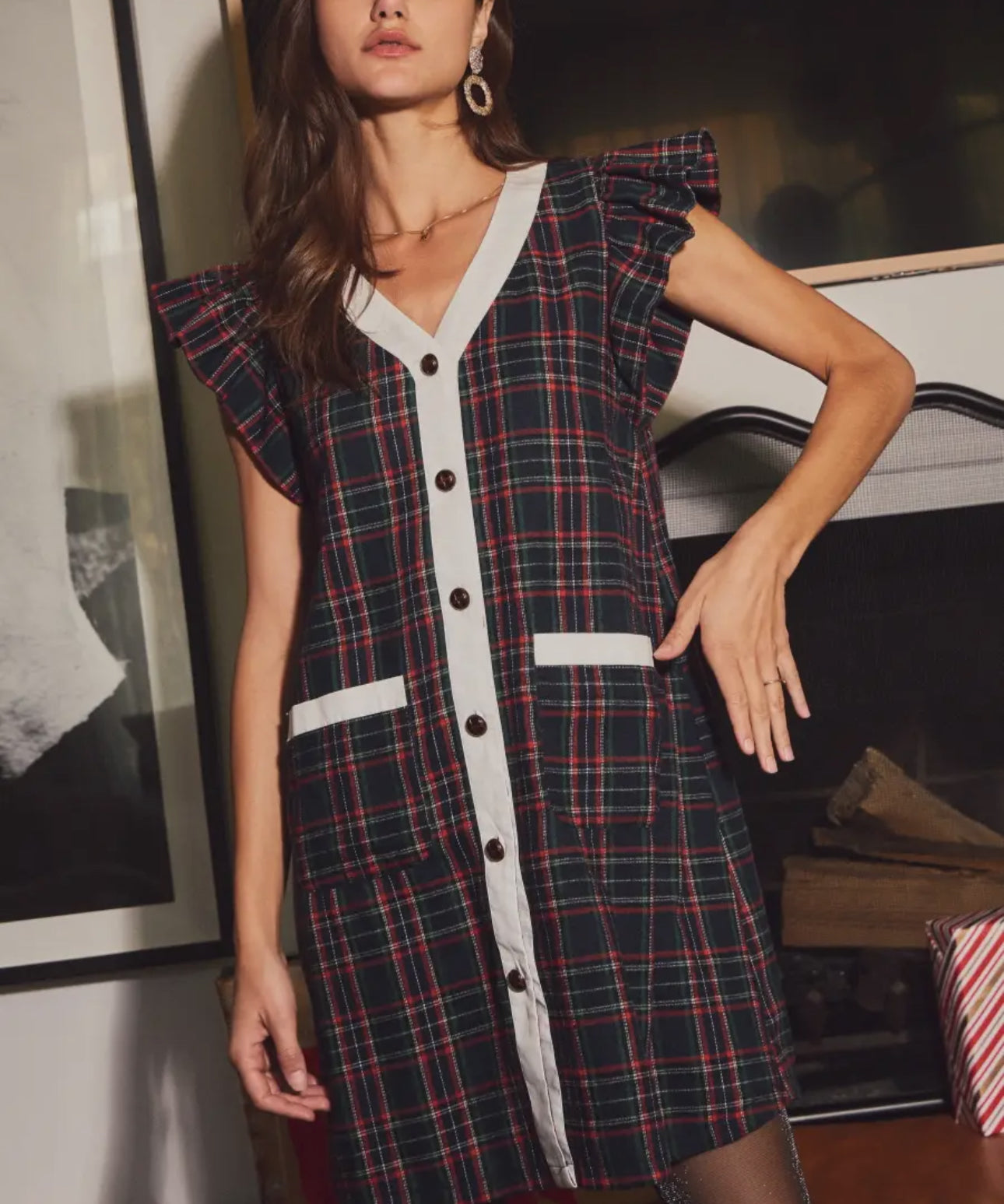 Black Plaid Button Dress
